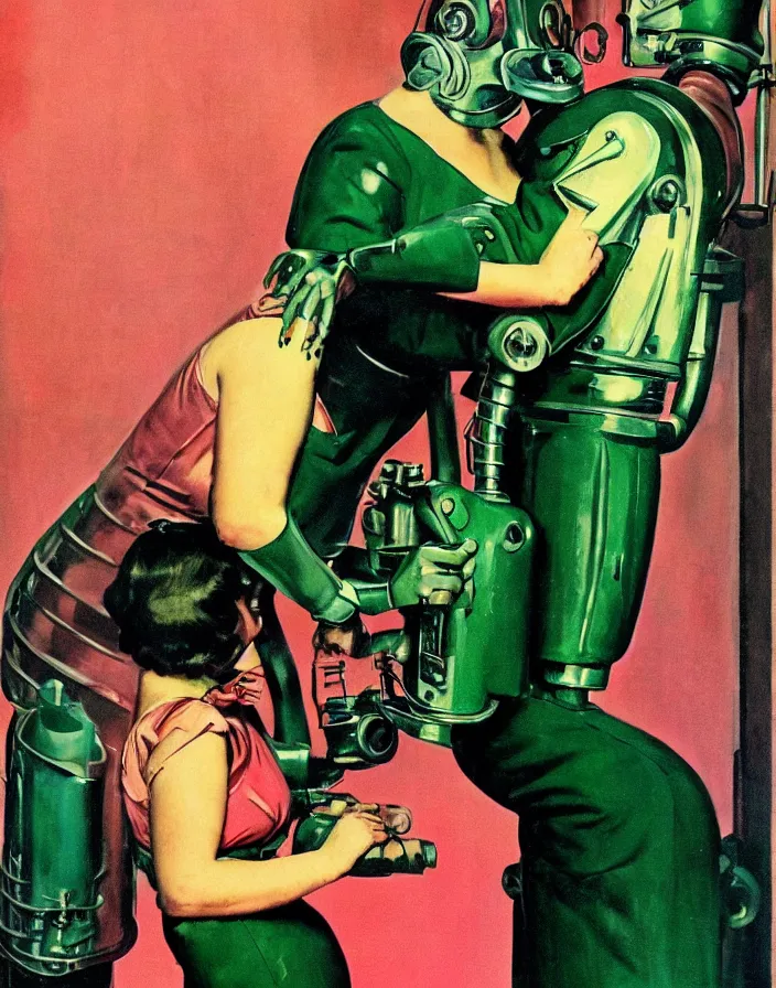 Image similar to a female housewife!!!! being hugged by a manly metal robot!!!! in a suit!!!, 1 9 5 0 s horror film movie poster style, ( norman rockwell oil painting ), close - up shot, tight shot, retro science fiction, vintage, saturated pink and green lighting, shadowy lighting