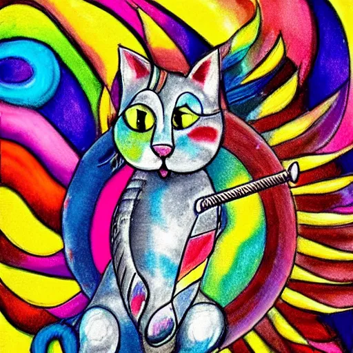 Image similar to colorful cat with unicorn horn jumping through a ring a fire, very high detail, hyperrealistic, colored ink