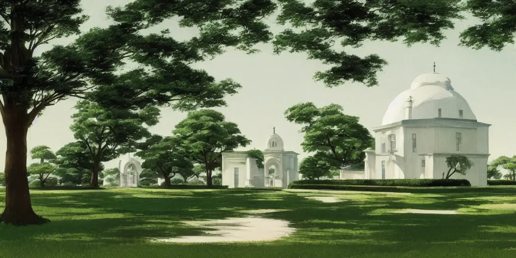 Image similar to A mysterious and godly domed white building in a city park, by Studio Ghibli and Edward Hopper