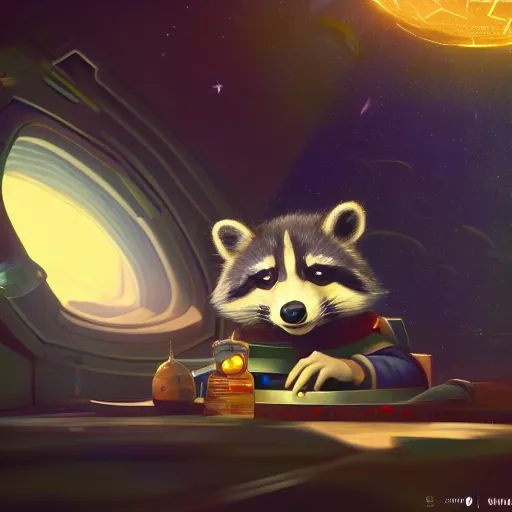 Image similar to magical raccoon in a space station looking at the earth , realistic cinematic, volumetric lighting, centered, symmetrical, sharp focus, digital painting, mystical art, smooth, trending on Artstation, 4k