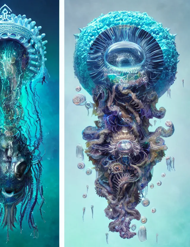 Image similar to goddess macro shouler portrait from bottom to top in crown made of ram skull. betta fish, jellyfish phoenix, bioluminiscent, plasma, ice, water, wind, creature, super intricate ornaments artwork by tooth wu and wlop and beeple and greg rutkowski and alexander fedosav