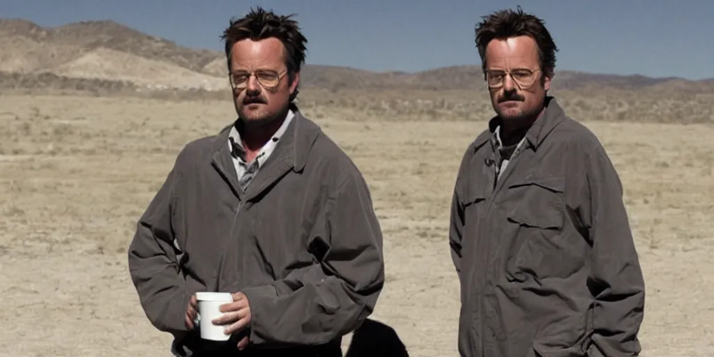 Image similar to Matthew Perry in the role of Walter White on on the set of Breaking Bad, 90mm