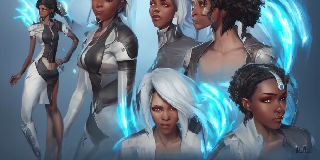 Image similar to concept art of young black female netrunner d & d video game characters head designs, unique hair designs, by marc brunet and artgerm