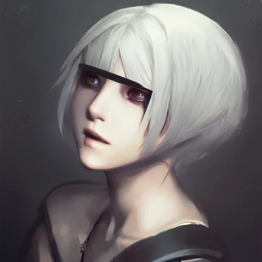 Prompt: Beautiful portrait of 2B from Nier Automata in the style of Charlie Bowater, wearing a blindfold, fully clothed, trending on artstation, digital art