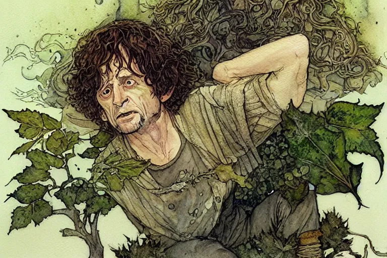 Image similar to a realistic and atmospheric watercolour fantasy character concept art portrait of bilbo baggins lying on his back freaking out with a pot leaf nearby, by rebecca guay, michael kaluta, charles vess and jean moebius giraud