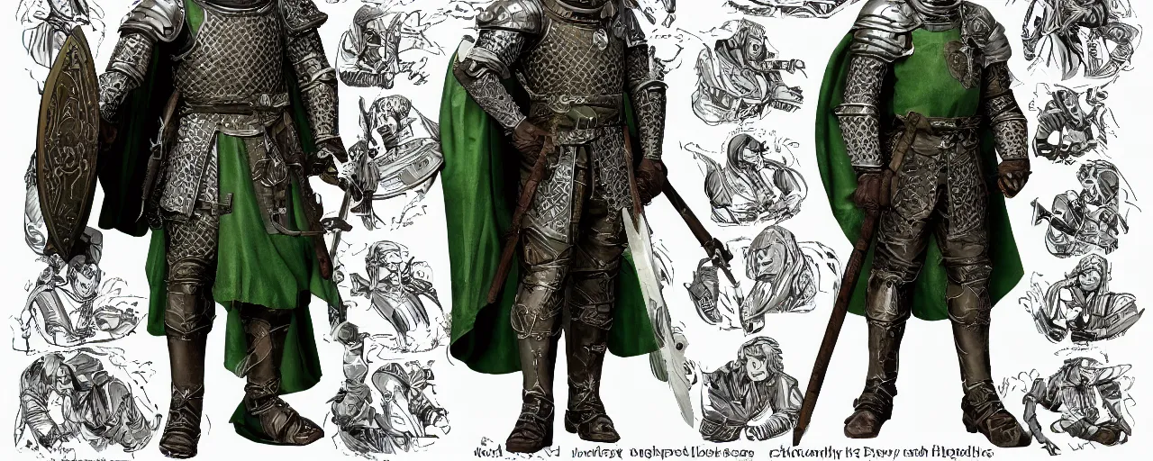 Image similar to A character sheet of full body medieval knight with brown long hair, black eyes, smug look, a green cloak and silver armor. Highly Detailed. Intricate. 4K.