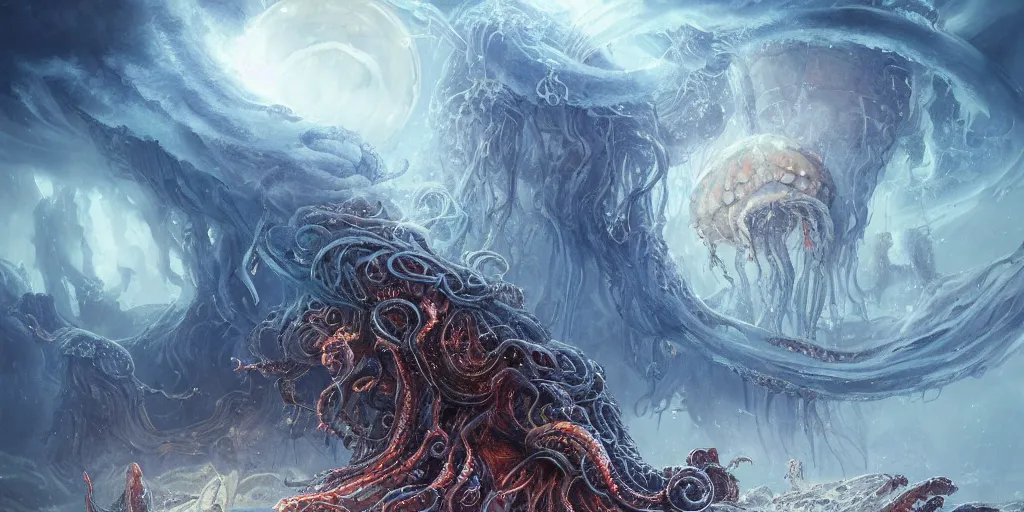 Image similar to concept art of giant translucent glowing jellyfishes, lovecraftian, lots of teeth, melting horror, round moon, rich clouds, fighting the horrors of the unknown, high resolution, very detailed, roaring, volumetric light, mist, grim, fine art, decaying, textured oil over canvas, epic fantasy art, very colorful, ornate, anato finnstark