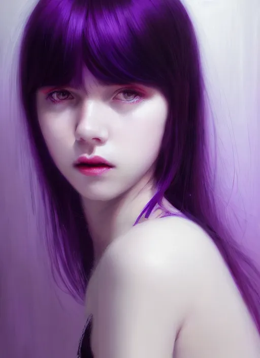 Image similar to portrait of teenage girl, red irises, bangs, black and white hair, white bangs, purple clothes, white bangs, bangs, black hair and white bangs, intricate, elegant, glowing lights, highly detailed, digital painting, artstation, concept art, smooth, sharp focus, illustration, art by wlop, mars ravelo and greg rutkowski