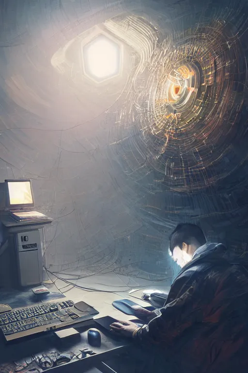 Prompt: Digital conceptl art, very highly detailed Haker that haking siting inside the very highly detailed computer by Hiromasa Ogura, very highly Detailed digital concept art by Greg Rutkowski Bourdin, Dimensional Cyan Gold LED light, rendered in Octane Render, The Golden Ratio from the distance