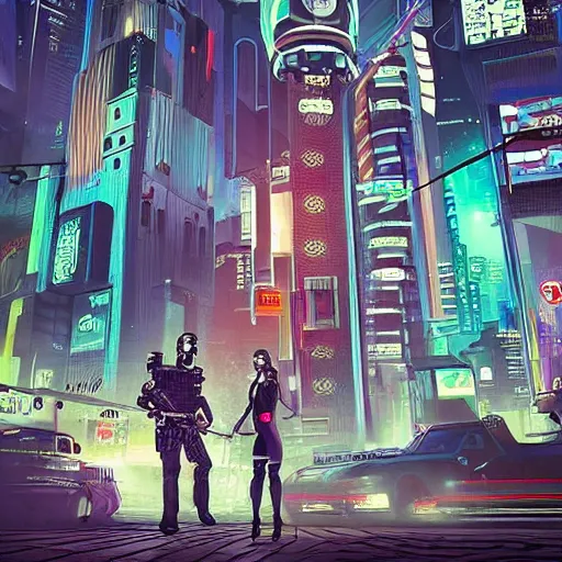 Prompt: realistic, symmetrical, cyberpunk city, man and women in love in a gunfight with robot police. @ philosorapper! dream realistic, symmetrical, cyberpunk city, man and women in love in a gunfight with robot police.