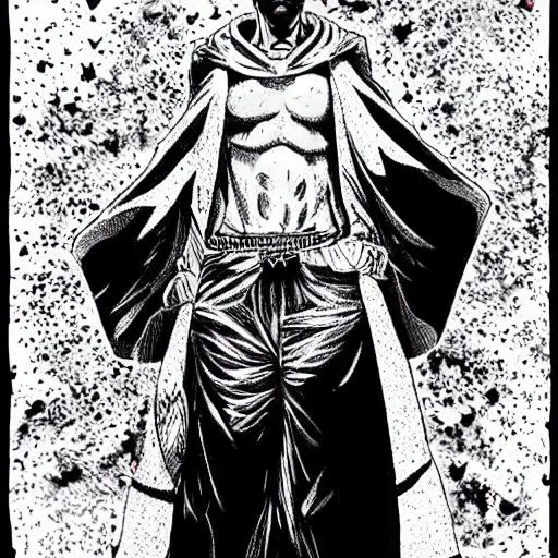 Prompt: black and white pen and ink!!!!!!! MAPPA designed Ryan Gosling x Guts wearing cosmic space robes made of stars final form flowing royal hair golden!!!! Vagabond!!!!!!!! floating magic swordsman!!!! glides through a beautiful!!!!!!! Camellia!!!! Tsubaki!!! flower!!!! battlefield dramatic esoteric!!!!!! Long hair flowing dancing illustrated in high detail!!!!!!!! by Moebius and Hiroya Oku!!!!!!!!! graphic novel published on 2049 award winning!!!! full body portrait!!!!! action exposition manga panel black and white Shonen Jump issue by David Lynch eraserhead and beautiful line art Hirohiko Araki!! Rossetti, Millais, Mucha, Jojo's Bizzare Adventure