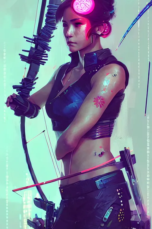 Image similar to female archer, cyberpunk futuristic neon. fencing, long sword in her hand, decorated with traditional japanese ornaments by ismail inceoglu dragan bibin hans thoma greg rutkowski alexandros pyromallis nekro rene maritte illustrated, perfect face, fine details, realistic shaded, fine - face, pretty face, masterpiece