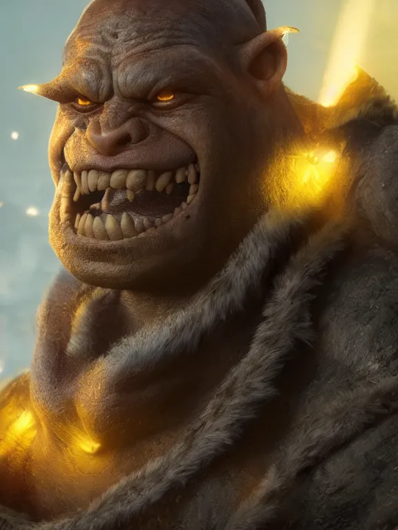 Image similar to portrait art of an orc using a (((((banana as a phone))))), 8k ultra realistic , lens flare, atmosphere, glow, detailed, intricate, full of colour, cinematic lighting, trending on artstation, 4k, hyperrealistic, focused, extreme details, unreal engine 5, cinematic, masterpiece