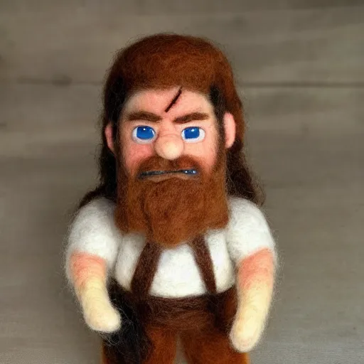 Image similar to needle felted gimli from the return of the king (2003), highly detailed, tilt shift, cute, hyperrealism, highly textured, god rays