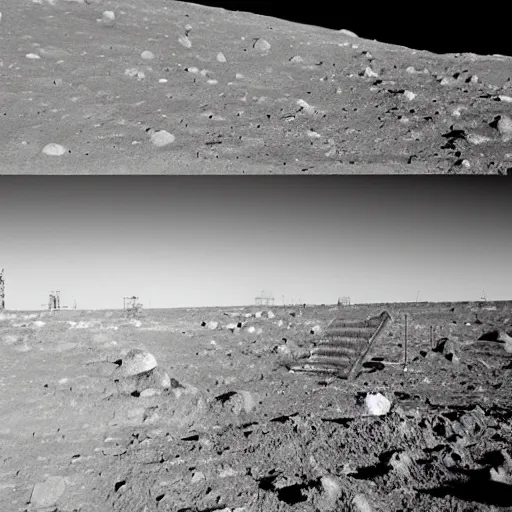 Prompt: a photo taken from a distance of a half built house on the surface of the moon