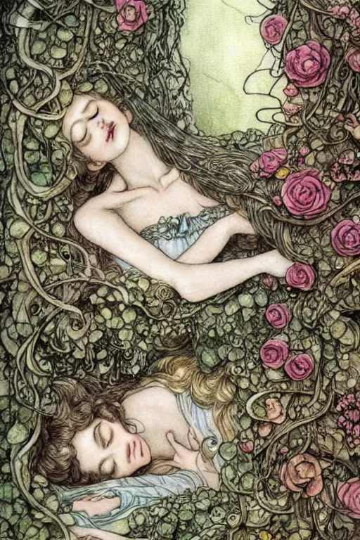 Image similar to detailed sleeping beauty in a rococo bedroom overgrown by vines and flowers, fantasy art, trending on artstation, fairytale, art by luis royo and walter crane and kay nielsen, watercolor illustration,