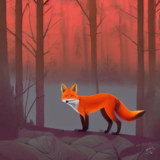 Image similar to a red fox and a ginger teen girl at dark forest where trees are huge, ultra realistic by ori toor and escher