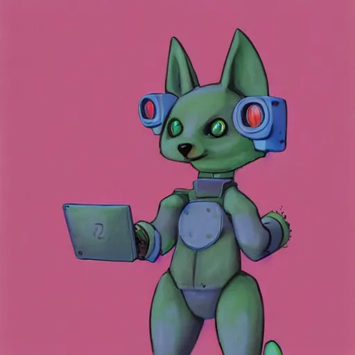 Prompt: 1 9 9 5 painting by caelan bassett on artstation, pixiv, of a pink robotic fox with pink hair, character fursona furry fandom anthropomorphic reference sheet