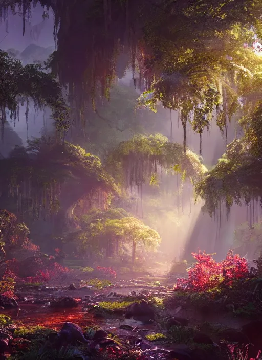 Image similar to beauteous sumptuous, with incredible indirect soft cinematic lighting, garden of eden, crystalline masterpiece incrustations, hyperdetailed features, movie still, intricate, octane render, cinematic forest lighting, unreal engine, crepuscular rays, god rays