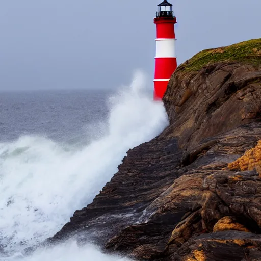 Prompt: close up of light house on cliffs with rough seas and high waves, stormy unreal 5