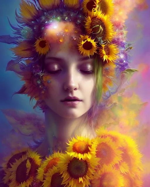 Image similar to Full View Portrait Mystical ethereal sunflower deity wearing beautiful dress, sunflower Dryad, 4k digital masterpiece by Anna dittman and Ruan Jia and Alberto Seveso, fantasycore, Hyperdetailed, realistic oil on linen, soft lighting, sunflower background, featured on Artstation