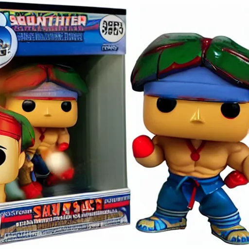 Prompt: street fighter 3rd strike sean funko pop in hydraulic press 35mm