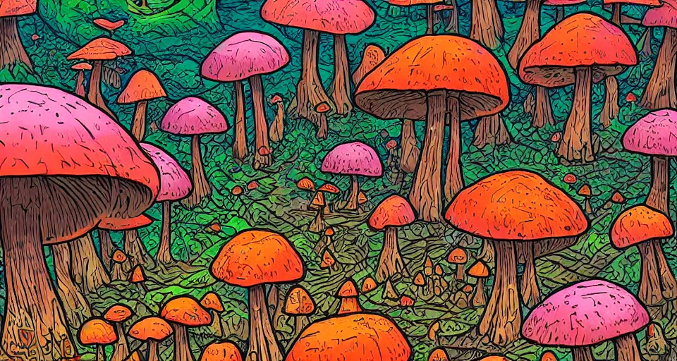 Prompt: A tribal village in a forest of giant mushrooms, by Dan mumford,