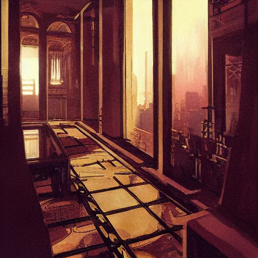 Prompt: detailed painting of bladerunner interior room with roman architecture, artstation, syd mead, cinematic