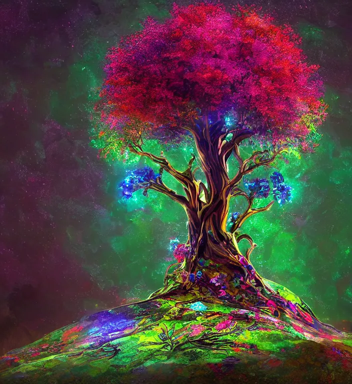 Prompt: stunning psychedelic tree on a hill, green leaves award winning matte concept art, intricate, precious ornate colorful, clear deep focus, crystals, glowing, futuristic, detailed realistic, raytracing colorful gems, black opal, magical colorful, realistic character art, wlop, chebokha, rutkowski, artgerm