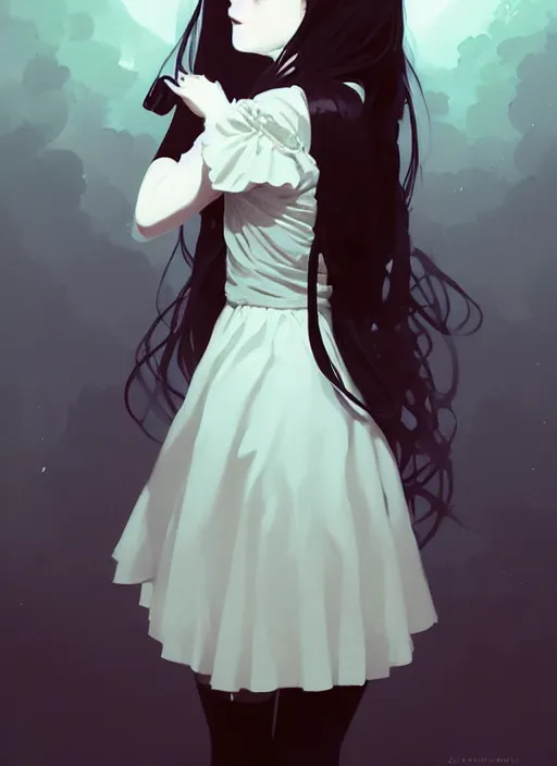 Image similar to highly detailed portrait of gothic lolita in a white dress, dark mood, by atey ghailan, by greg rutkowski, by greg tocchini, by james gilleard, by joe fenton, by kaethe butcher, gradient light blue, brown, blonde cream and white color scheme, grunge aesthetic