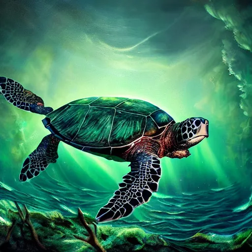 Prompt: zombified sea turtle, beautiful composition, wide angle, colorful, cinematic, volumetric lighting, intricate details painting