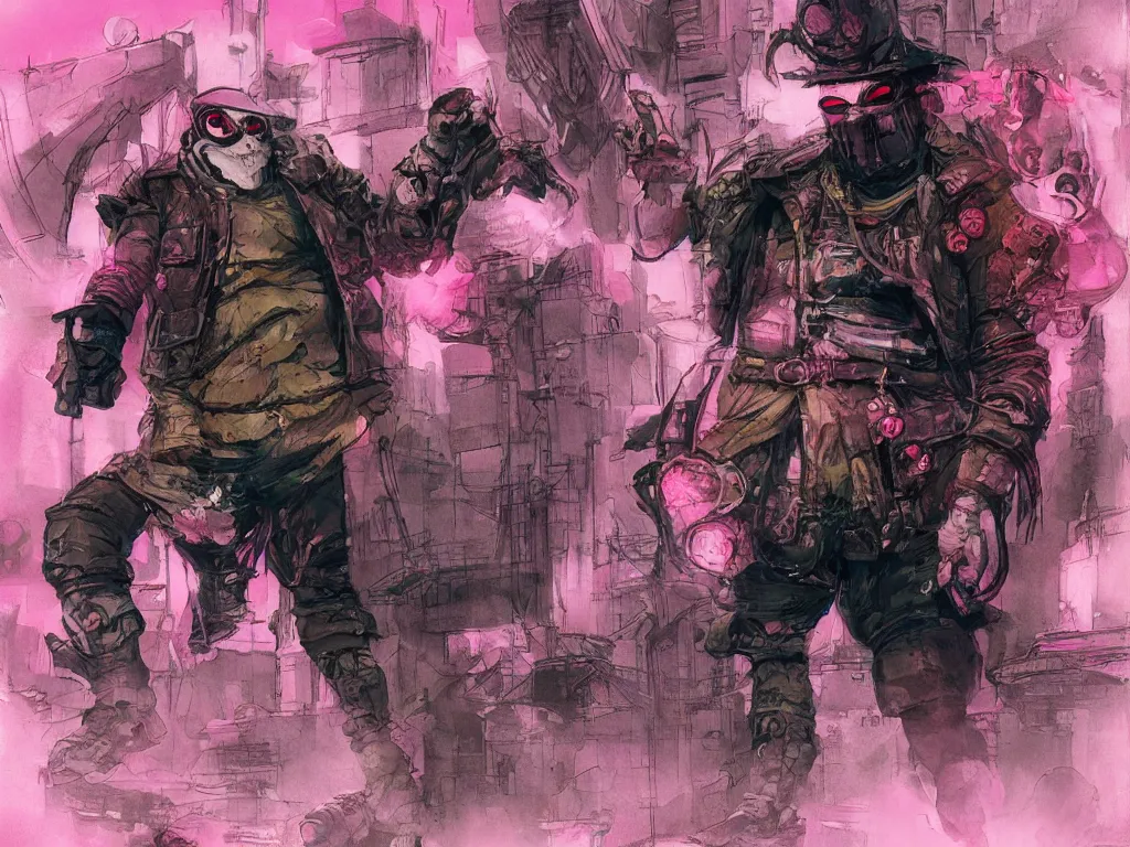 Image similar to Humpty Dumpty , fighting with a pink rubber monkey in a cyberpunk, post apocalyptic Tokyo, D&D, fantasy, highly detailed, digital painting, artstation, concept art, smooth, sharp focus, illustration, art by Bill Sienkiewicz