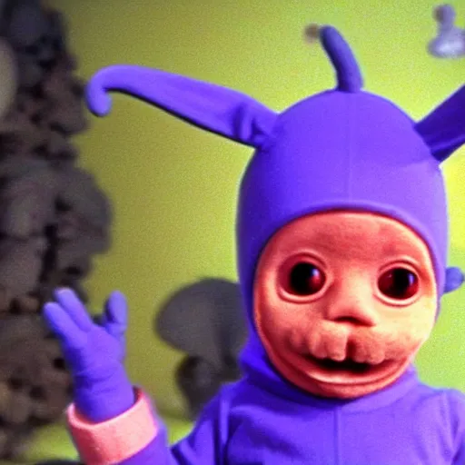 Image similar to tinky winky eating alive insects, horror, creepy, teletubbies lost creepy spooky bloody episode, realistic,