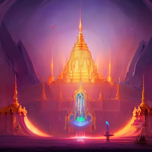 Image similar to grand palace temple for leader of galactic empire by peter mohrbacher, vivid colors, matte painting, 8K, concept art, mystical color scheme, trending on artstation