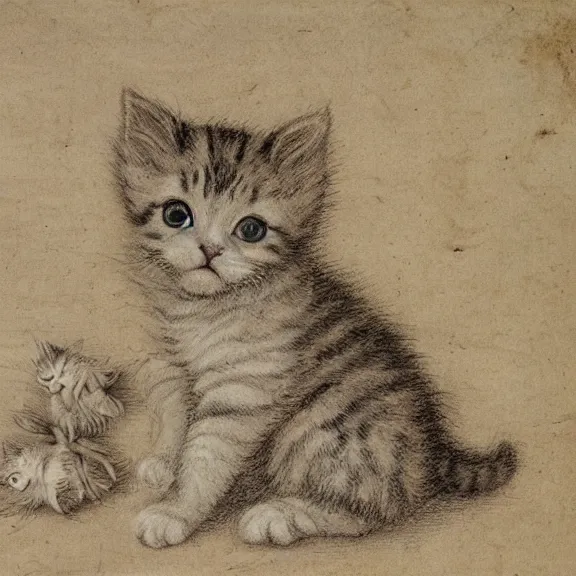 Image similar to a detailed, intricate drawing on parchment with white highlights of a cute kitten on a beach, by albrecht durer