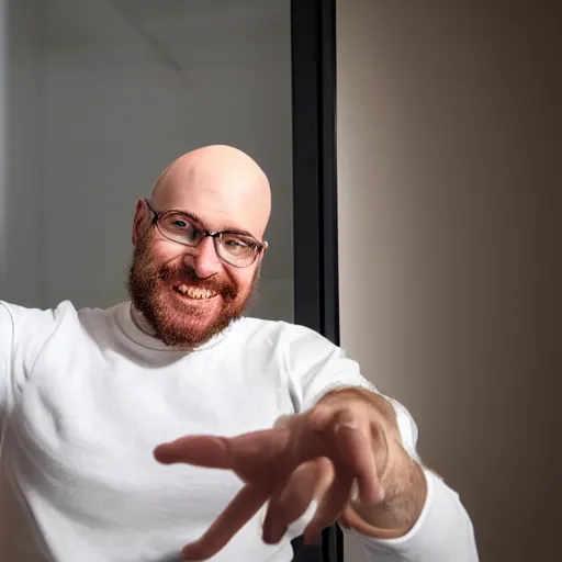 Image similar to portrait of 3 0 year old bald white man sitting in a white room with a window in the background, holding up hand with stay loose sign, the man has a slight beard and is smiling slightly and tilting his head to the right