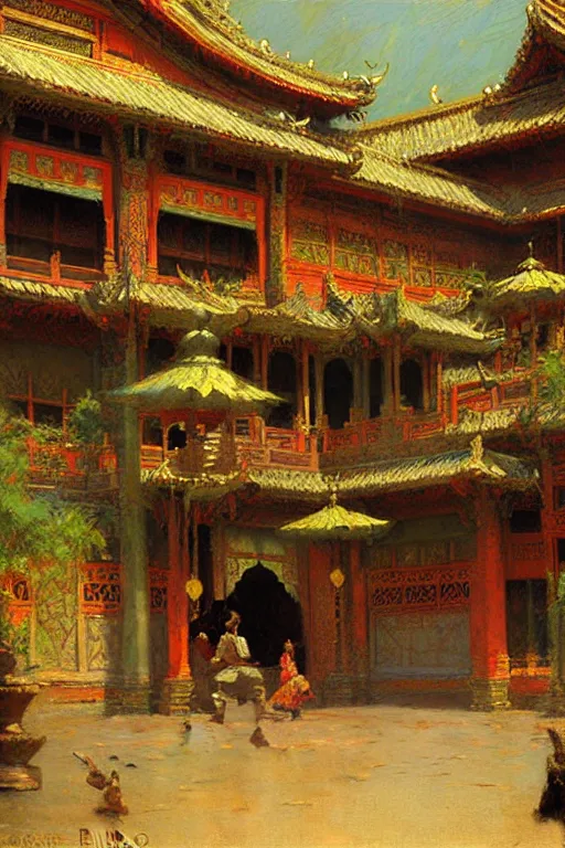 Prompt: Asian palace, painting by Gaston Bussiere, Craig Mullins