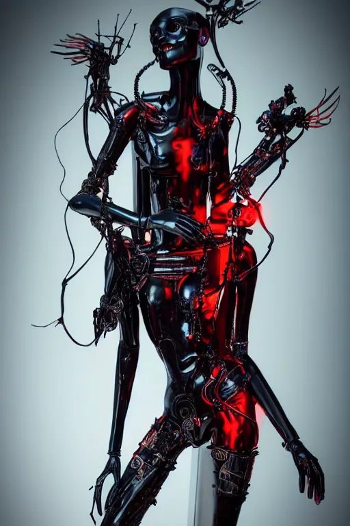 Image similar to full-body cyberpunk style sculpture of a young beautiful dark priestess, half android with a head opening exposing circuitry, glowing red eyes, black roses, flowing blood-red colored silk, fabric, candles, baroque elements, human skull, full-length view. baroque element, intricate artwork by Caravaggio. crows flying in background. Trending on artstation. octane render, cinematic lighting from the right, hyper realism, octane render, 8k, depth of field, 3D