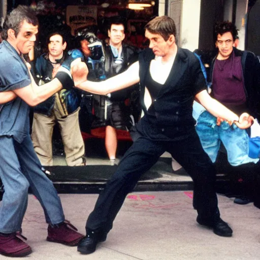 Image similar to photo of rowan atkinson fist fighting hugh laurie, street fighter style, high detail