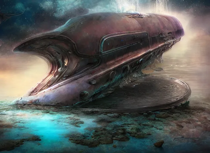 Prompt: metal submarine underwater in the lake of an alien planet, digital art, detailed, artgerm, artstation, deviant art, by kim keever