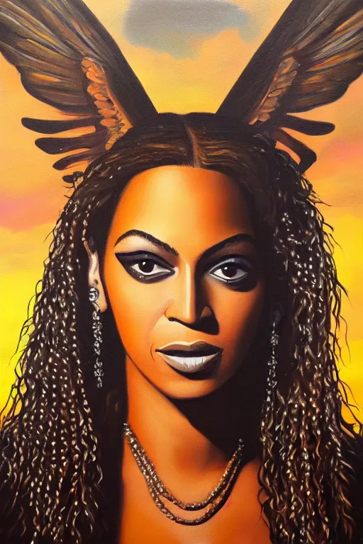 Prompt: Portrait of Beyonce with wings, sunset lightning, lots of jewlery, hihgly detailed, oil on canvas