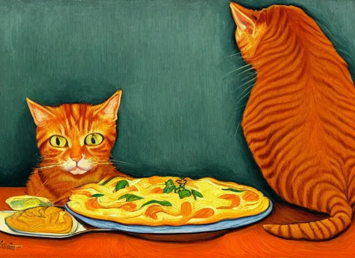 Image similar to detailed realistic realism painting of orange tabby cat eating lasagna at dusk, in the style of vincent van gogh and salvador dali and leonardo da vinci