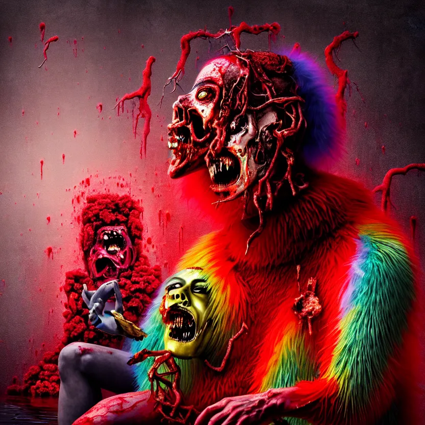 Image similar to a close - up portrait of a beautiful flesh - eating timikawa with rainbow fur eating a screaming man, sitting on chair made of human limbs, the chair is floating in a lake of blood, surrounding the lake are melting trees, digital art, hyperrealistic nightmare scene, supernatural, highly detailed, creepy, terrifying