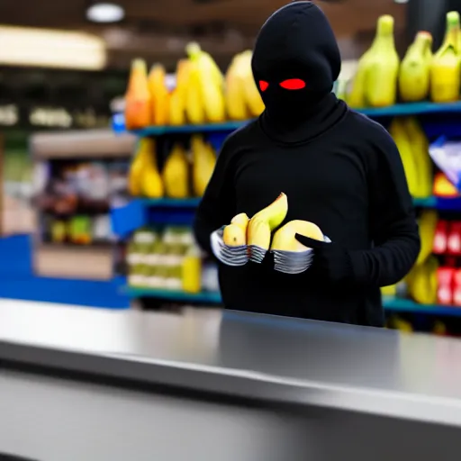 Prompt: a masked man at a self checkout stealing a banana, trending on artstation, depth field, unreal engine, cinematic, hyper realism, high detail, 8 k