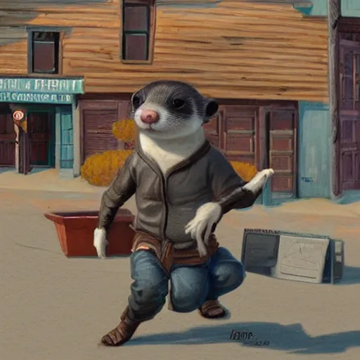 Image similar to ferret bandit robbing a western town, realistic, 8 k