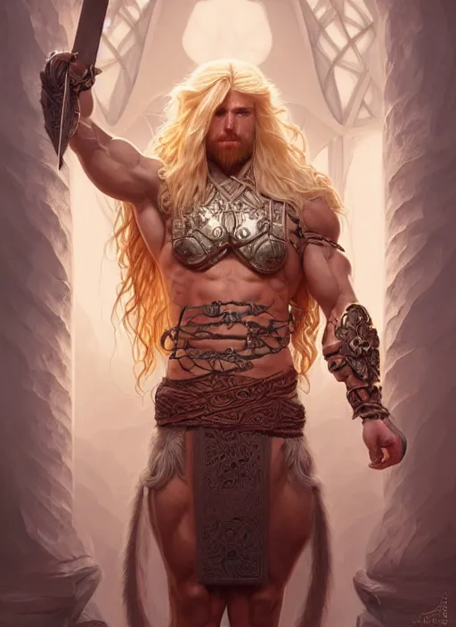 Image similar to symmetry! portrait of barbarian, long blond hair, d & d, muscular! fantasy, intricate, elegant, highly detailed, digital painting, artstation, concept art, smooth, sharp focus, illustration, art by artgerm and greg rutkowski and alphonse mucha