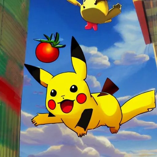 Prompt: A tomato and Pikachu on drugs flying Indoor skydiving in the ancient world, tripping, hyperreallistic
