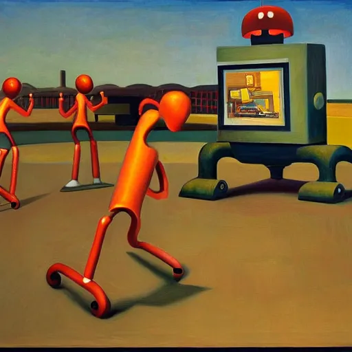 Image similar to infinite whack - a - mole with robots, grant wood, pj crook, edward hopper, oil on canvas