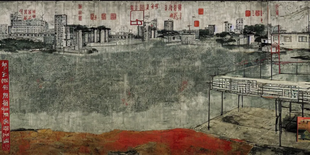 Image similar to a chinese prison near a river by peter doig, overlaid with chinese adverts