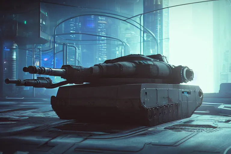 Image similar to cyberpunk alien concept inspired tank, futuristic look, highly detailed body, very powerful, photorealistic camera shot, bright studio setting, studio lighting, crisp quality and light reflections, unreal engine 5 quality render